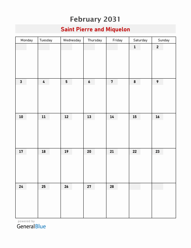 Saint Pierre and Miquelon February 2031 Calendar with Holidays