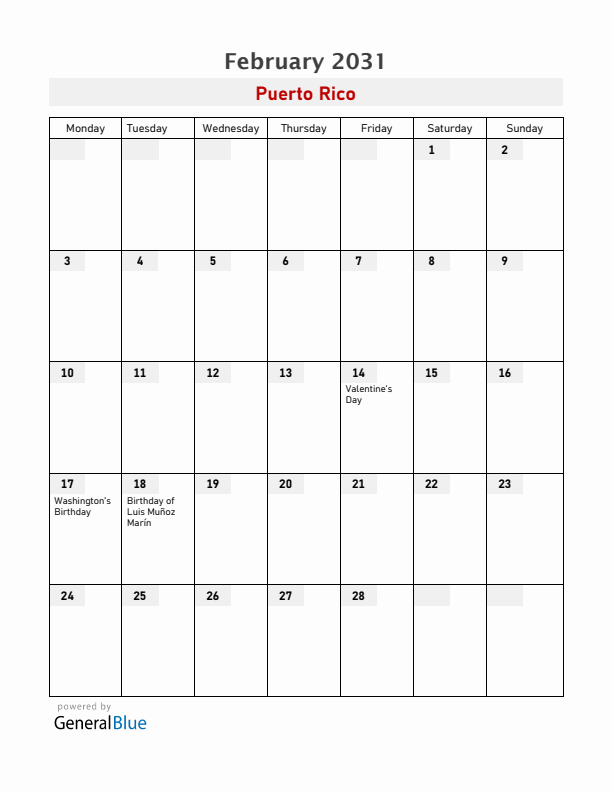 Puerto Rico February 2031 Calendar with Holidays