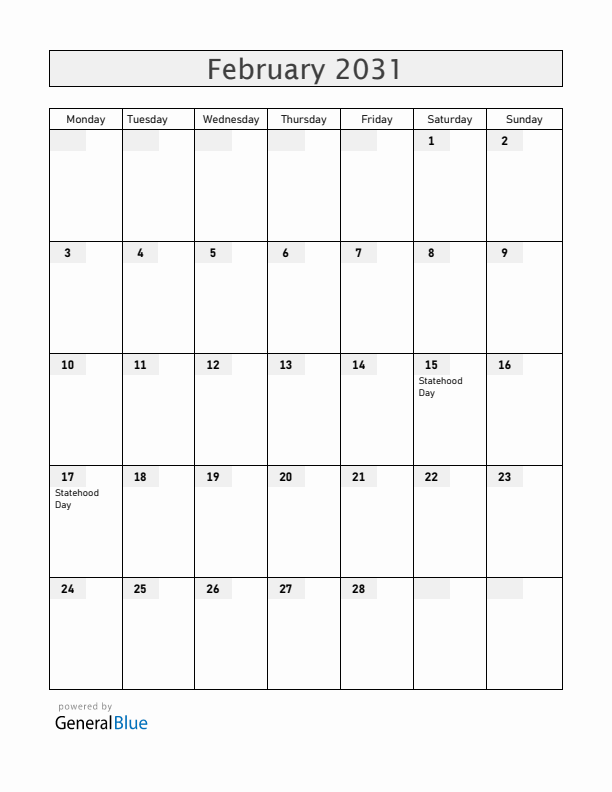 Serbia February 2031 Calendar with Holidays