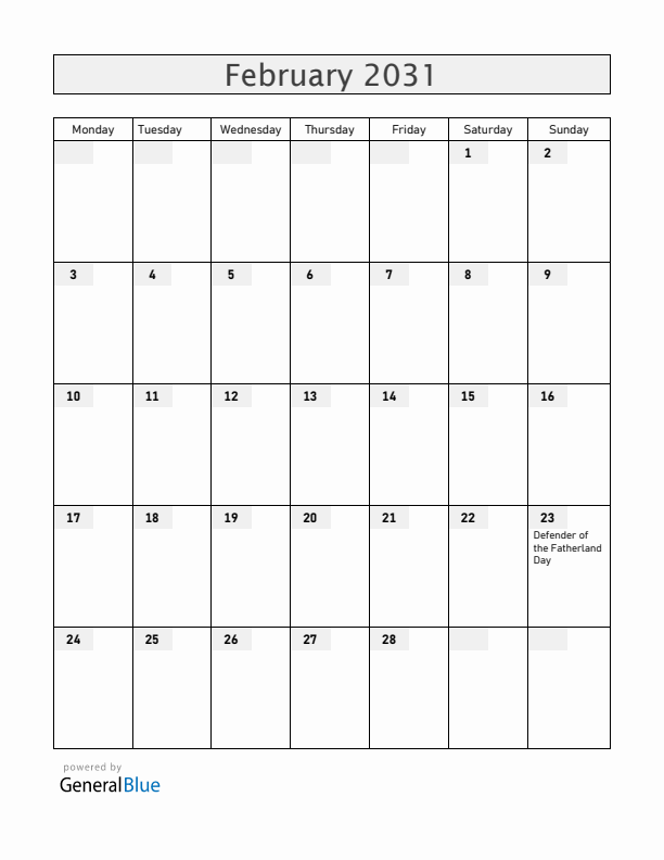 Russia February 2031 Calendar with Holidays