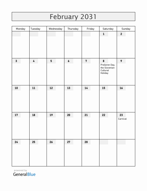 Slovenia February 2031 Calendar with Holidays