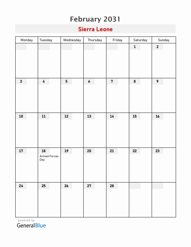 Sierra Leone February 2031 Calendar with Holidays