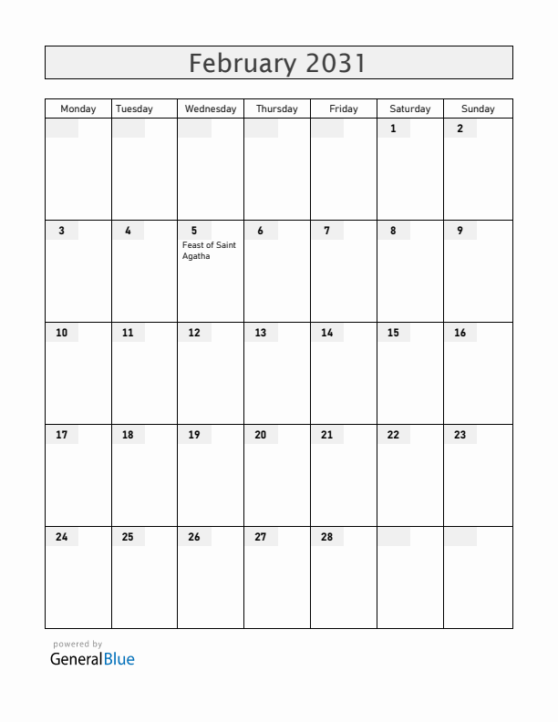 San Marino February 2031 Calendar with Holidays
