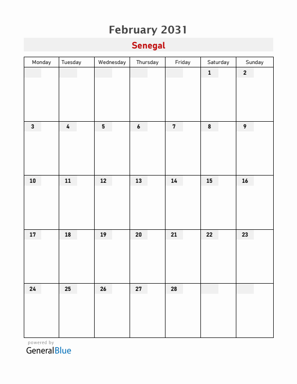 Senegal February 2031 Calendar with Holidays