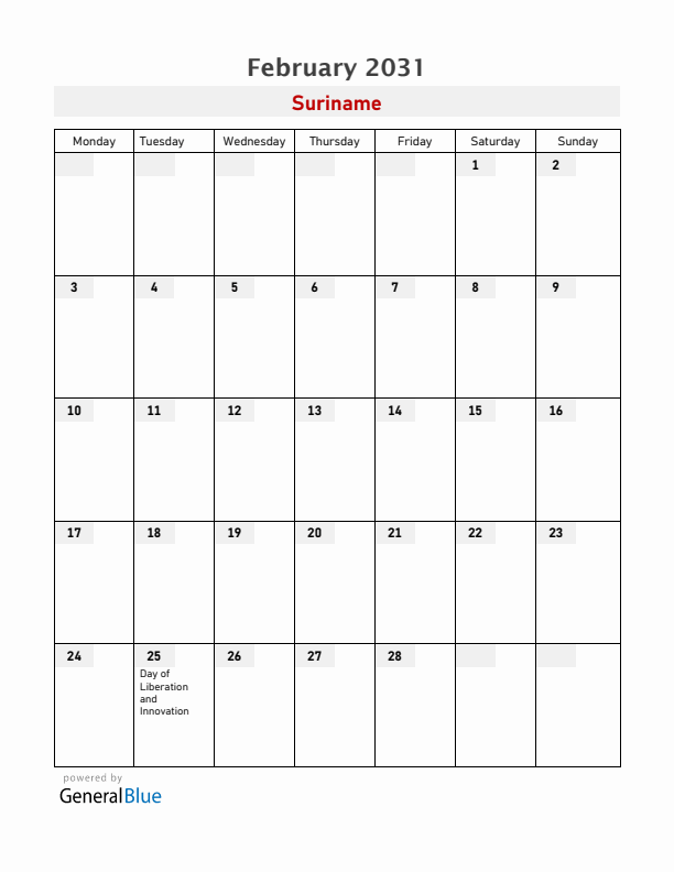 Suriname February 2031 Calendar with Holidays