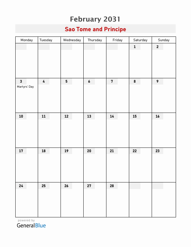 Sao Tome and Principe February 2031 Calendar with Holidays