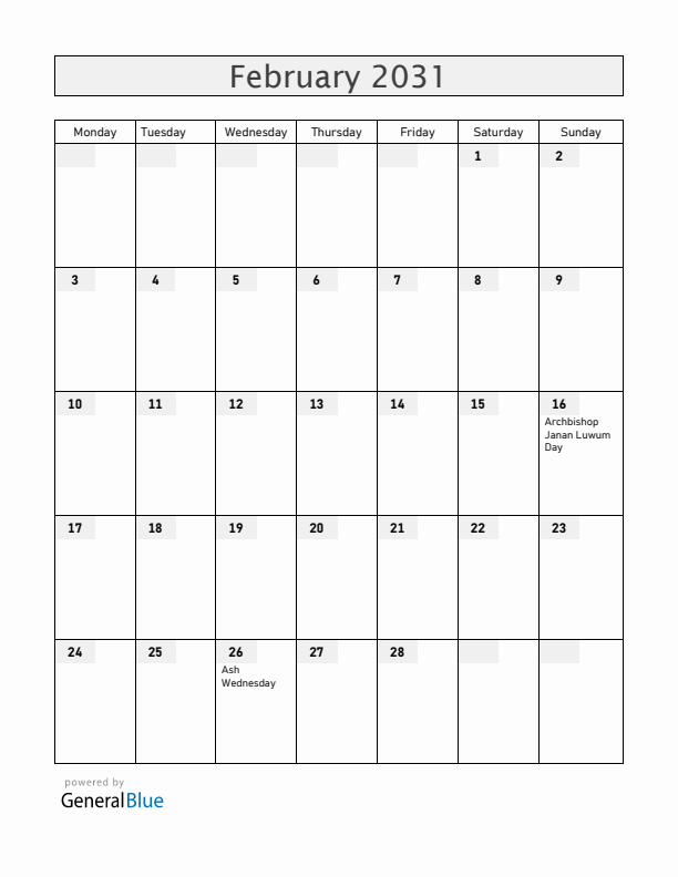 Uganda February 2031 Calendar with Holidays