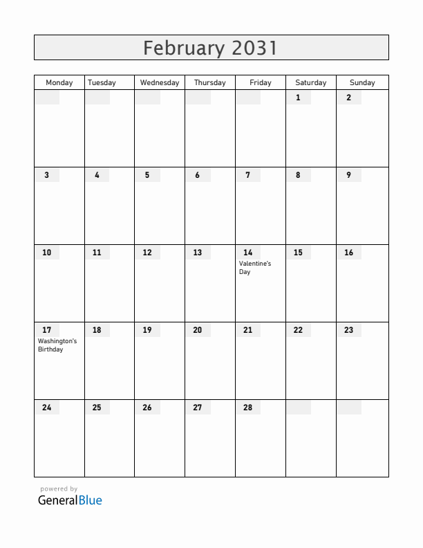 United States February 2031 Calendar with Holidays