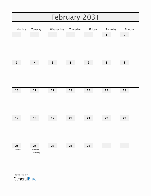 Uruguay February 2031 Calendar with Holidays