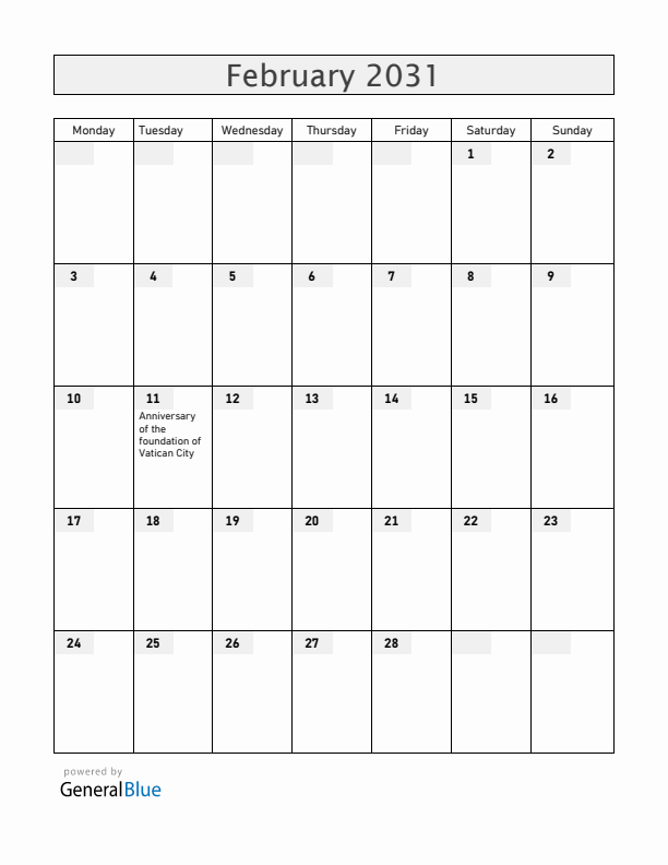 Vatican February 2031 Calendar with Holidays