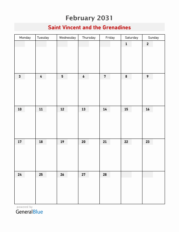 Saint Vincent and the Grenadines February 2031 Calendar with Holidays