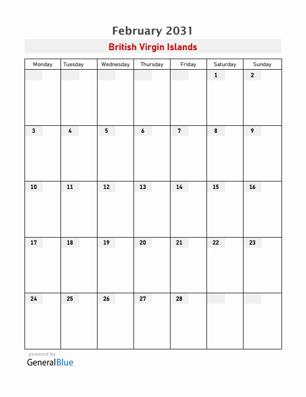 British Virgin Islands February 2031 Calendar with Holidays