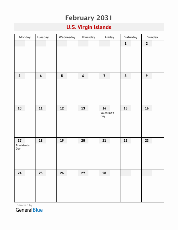 U.S. Virgin Islands February 2031 Calendar with Holidays