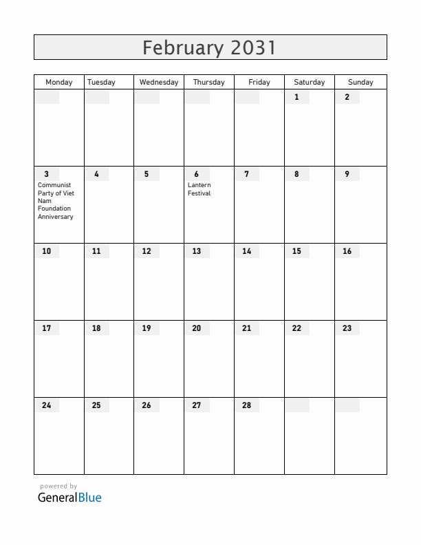 Vietnam February 2031 Calendar with Holidays