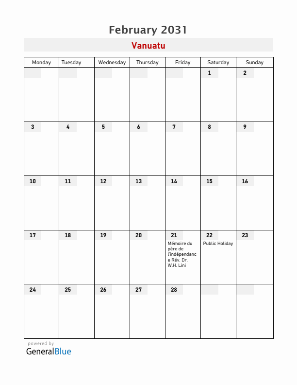 Vanuatu February 2031 Calendar with Holidays
