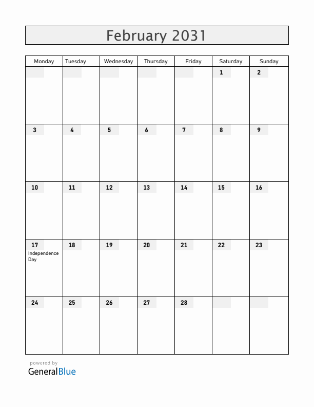 Kosovo February 2031 Calendar with Holidays
