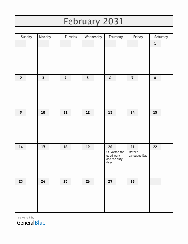 Armenia February 2031 Calendar with Holidays