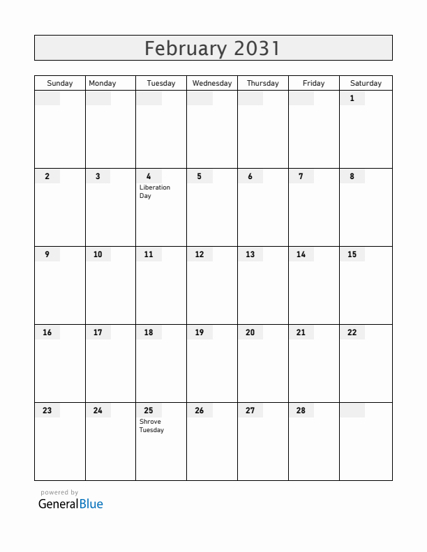 Angola February 2031 Calendar with Holidays