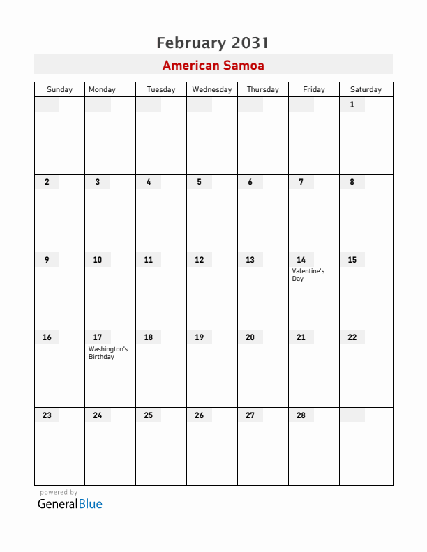American Samoa February 2031 Calendar with Holidays
