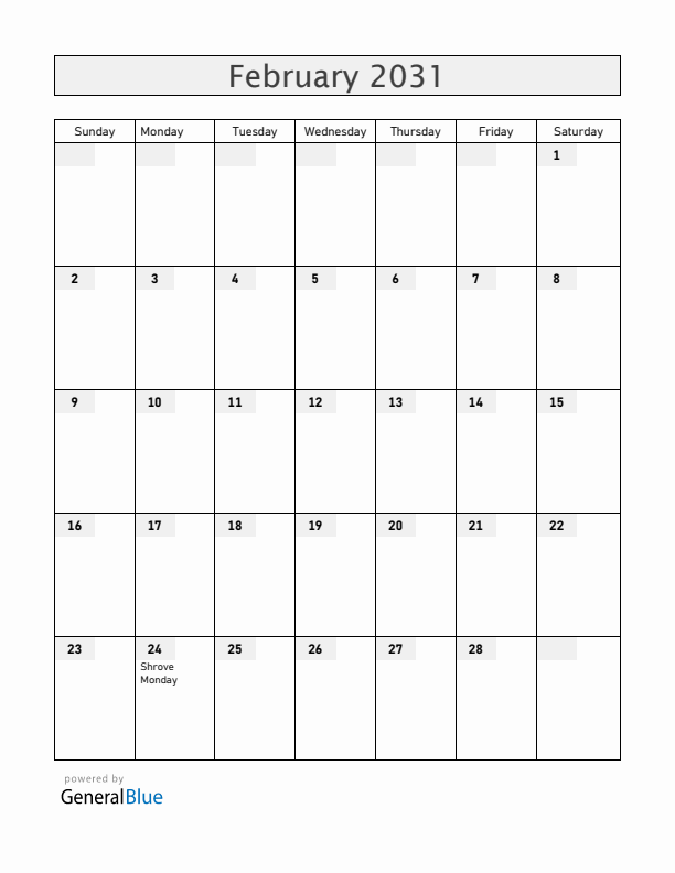 Aruba February 2031 Calendar with Holidays