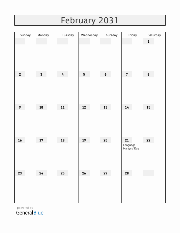 Bangladesh February 2031 Calendar with Holidays