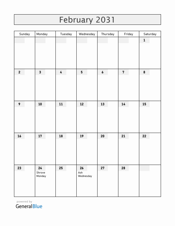 Saint Barthelemy February 2031 Calendar with Holidays