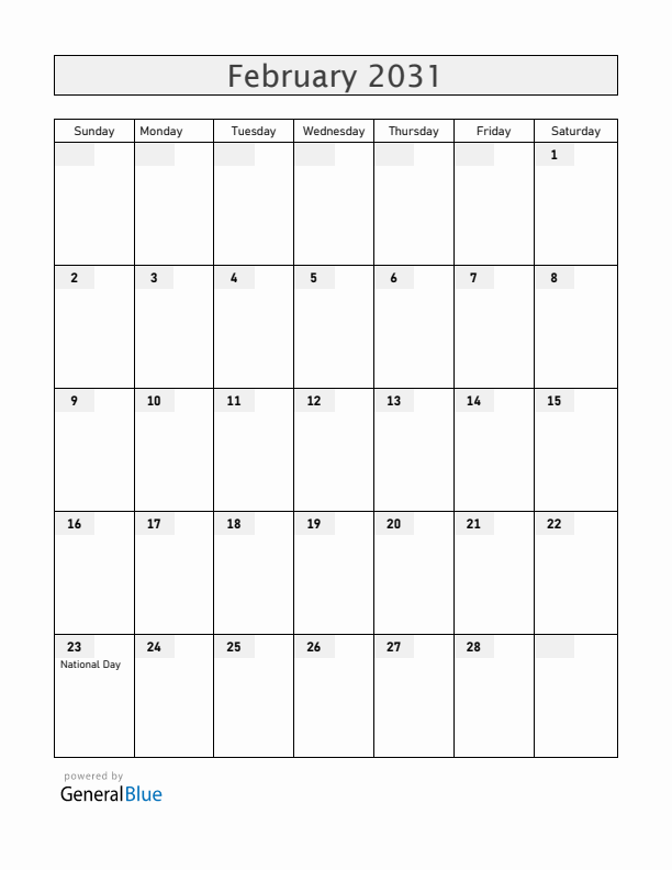 Brunei February 2031 Calendar with Holidays