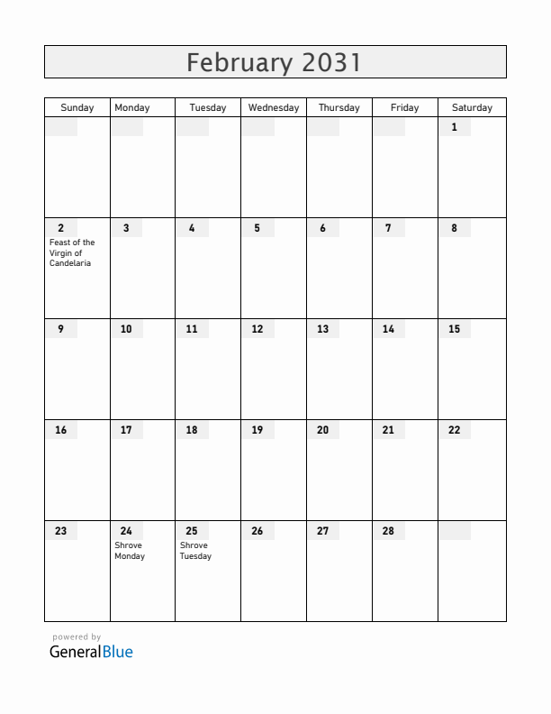 Bolivia February 2031 Calendar with Holidays