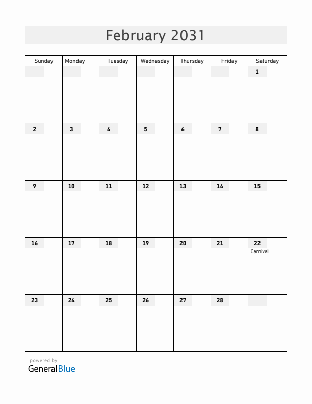 Brazil February 2031 Calendar with Holidays