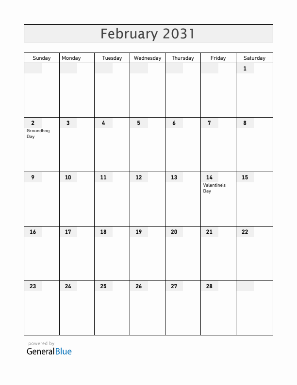 Canada February 2031 Calendar with Holidays