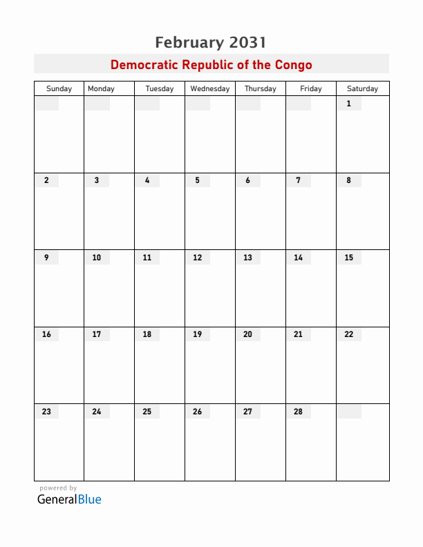 Democratic Republic of the Congo February 2031 Calendar with Holidays