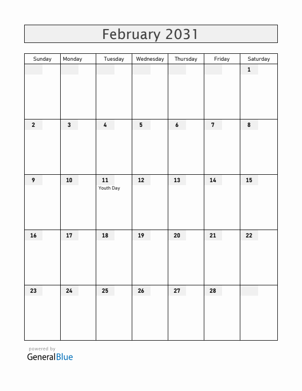 Cameroon February 2031 Calendar with Holidays