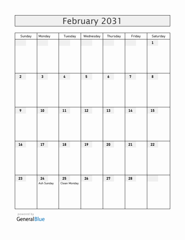 Cyprus February 2031 Calendar with Holidays