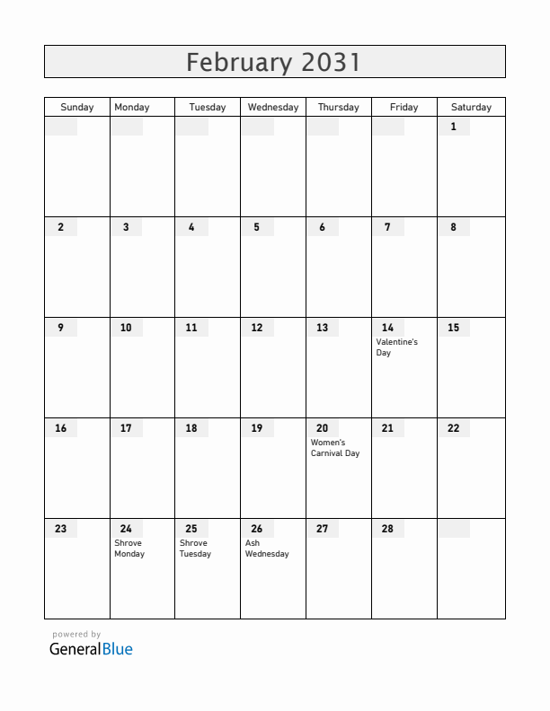 Germany February 2031 Calendar with Holidays