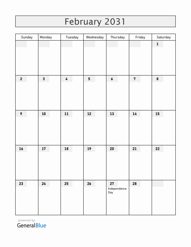 Dominican Republic February 2031 Calendar with Holidays