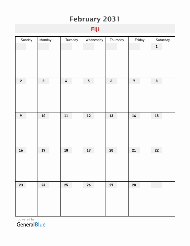 Fiji February 2031 Calendar with Holidays