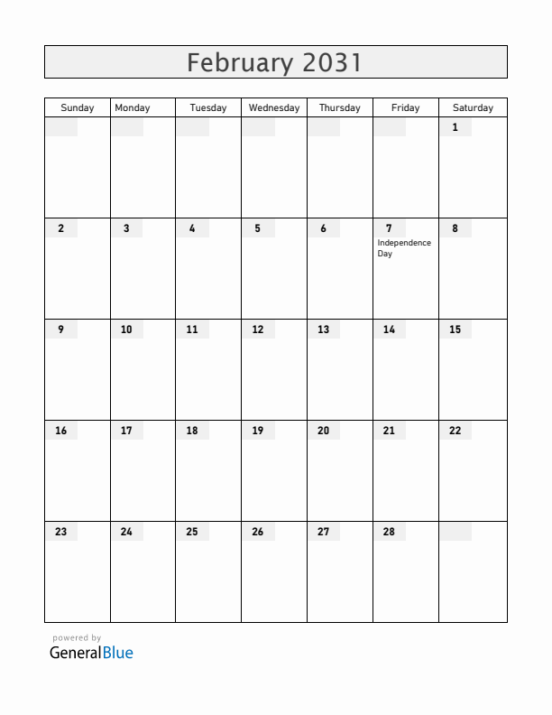 Grenada February 2031 Calendar with Holidays