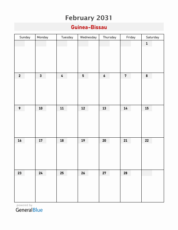 Guinea-Bissau February 2031 Calendar with Holidays