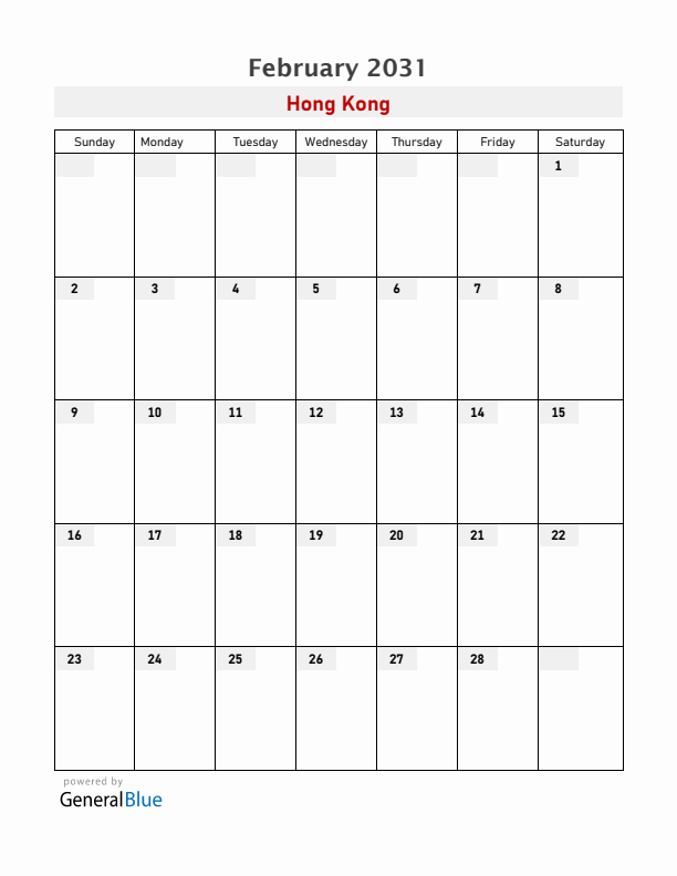 Hong Kong February 2031 Calendar with Holidays