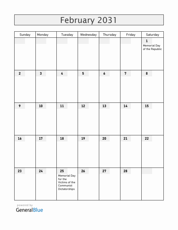 Hungary February 2031 Calendar with Holidays