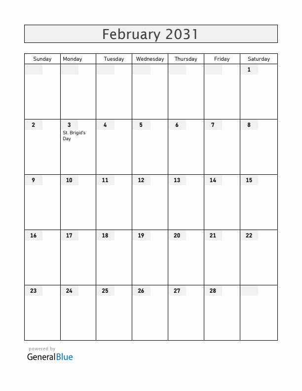 Ireland February 2031 Calendar with Holidays