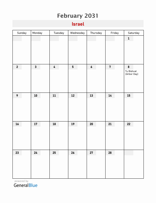 Israel February 2031 Calendar with Holidays