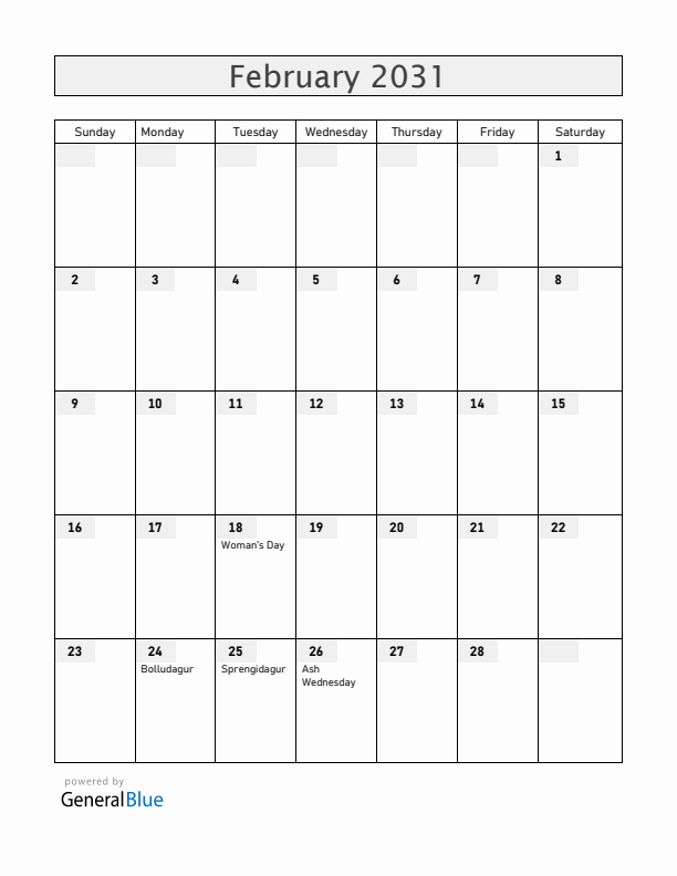 Iceland February 2031 Calendar with Holidays