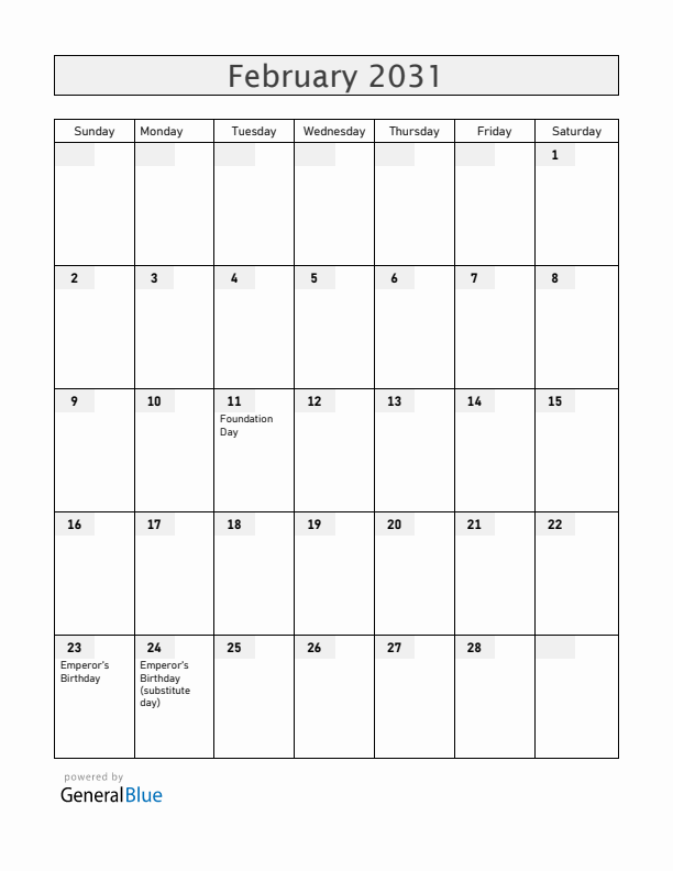 Japan February 2031 Calendar with Holidays