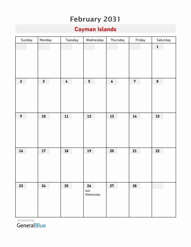 Cayman Islands February 2031 Calendar with Holidays