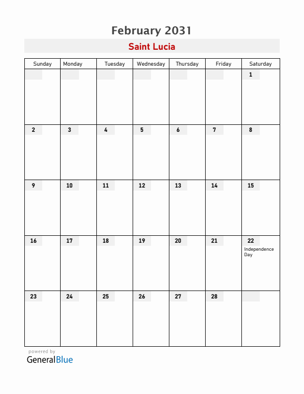 Saint Lucia February 2031 Calendar with Holidays