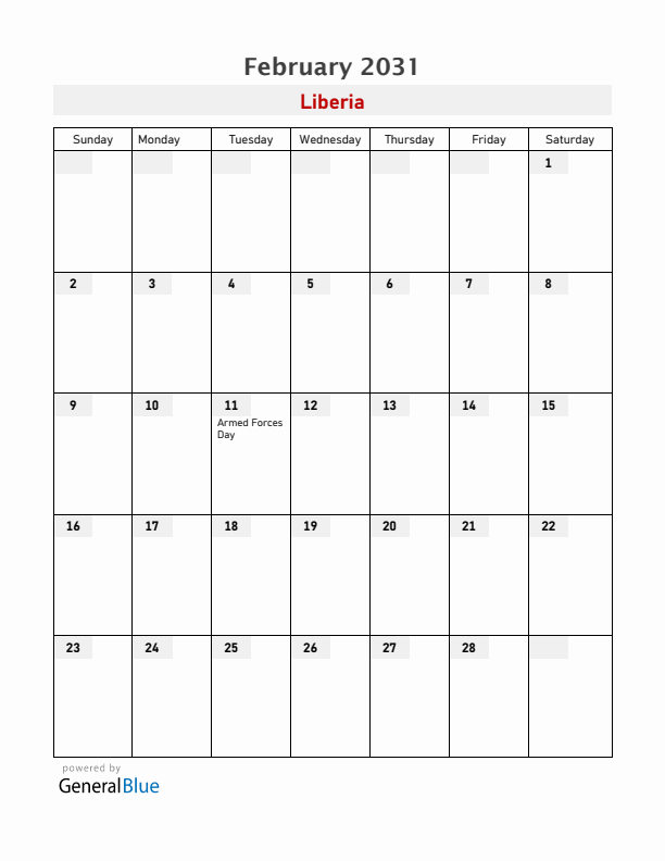 Liberia February 2031 Calendar with Holidays