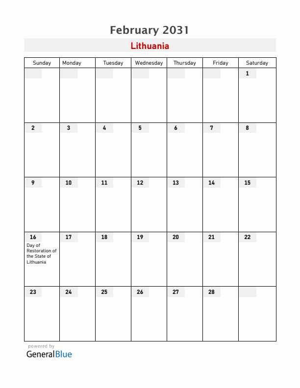 Lithuania February 2031 Calendar with Holidays