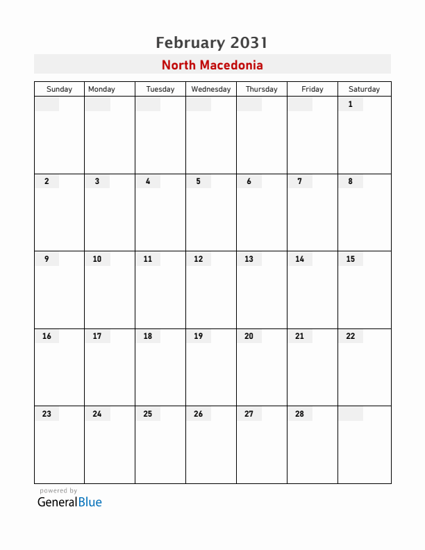 North Macedonia February 2031 Calendar with Holidays