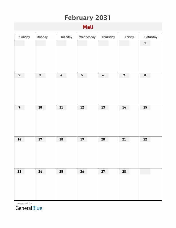 Mali February 2031 Calendar with Holidays